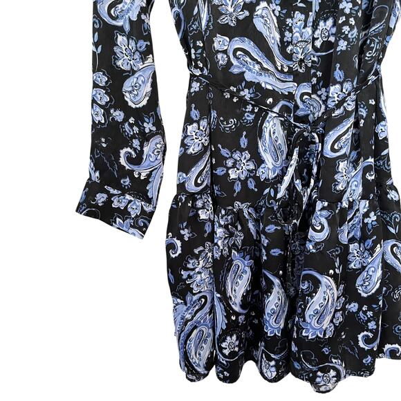 ZARA Blue Black Printed Flounced Shirt Dress M Mini Belted Long Sleeve NWT - Picture 6 of 11